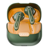 A pair of green and orange earbuds in an open charging case.