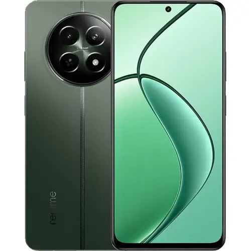 A green Realme 12 4G smartphone showing the front screen and the back camera setup.