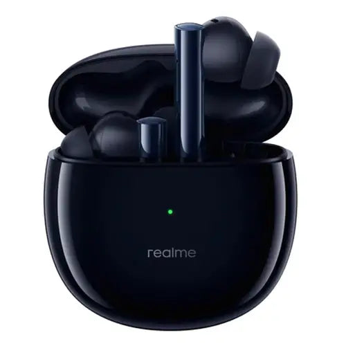 Realme Buds Air 2 earphones in black color, with the charging case open and the earphones partially inserted back into the case.