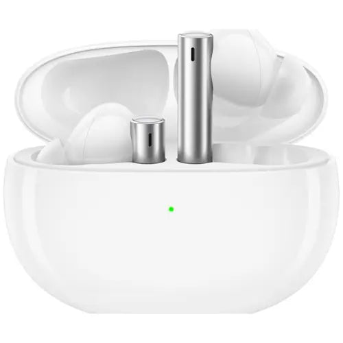 Realme Buds Air 3 earphones in white color, with the charging case open and the earphones partially inserted back into the case.