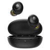 A pair of black Realme Buds Q earphones with a charging case.