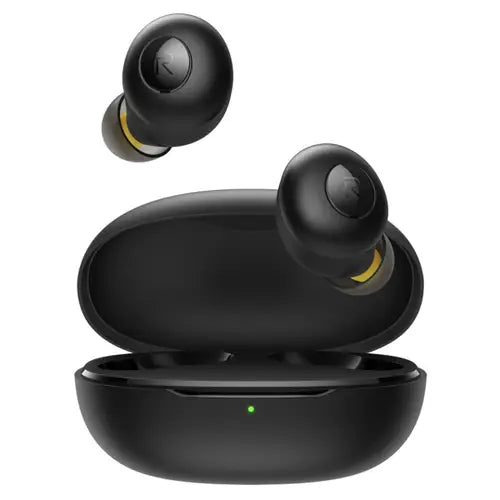 A pair of black Realme Buds Q earphones with a charging case.
