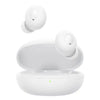 A pair of white Realme Buds Q earphones with a charging case.