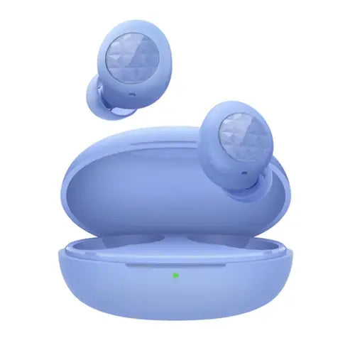 Blue Realme Buds Q2 earbuds with charging case on a white background