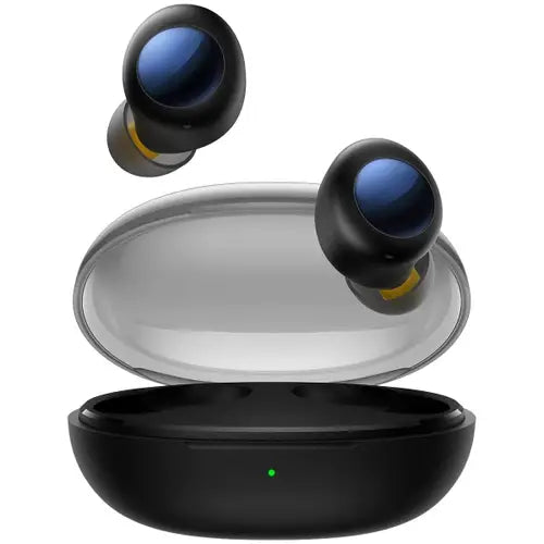 A pair of black Realme Buds Q2s earphones in their charging case.