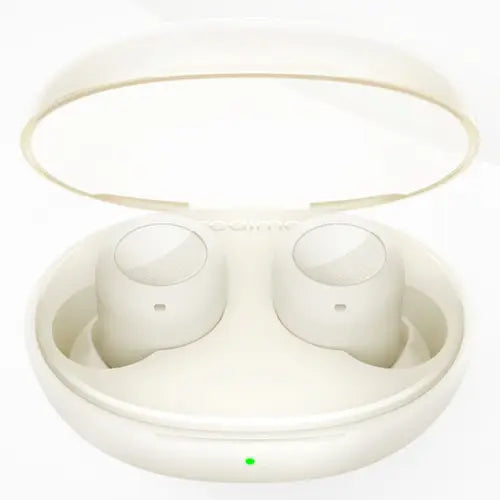 A pair of white Realme Buds Q2s earphones in their charging case.