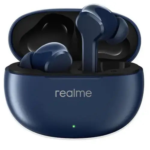 Blue Realme T110 Wireless Earbuds in a charging case with 'realme' branding on a white background
