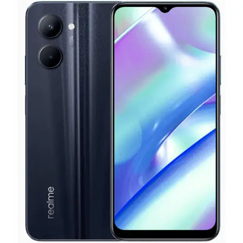 Realme C33 smartphone showing the front screen and the back camera and brand logo.