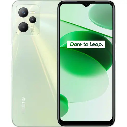 A Realme C35 smartphone in green color with the display on, showing the time and a green abstract pattern.