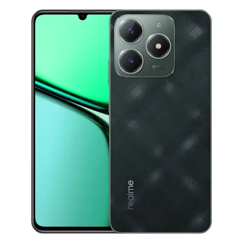A Realme C61 smartphone in black color with a dual rear camera setup.
