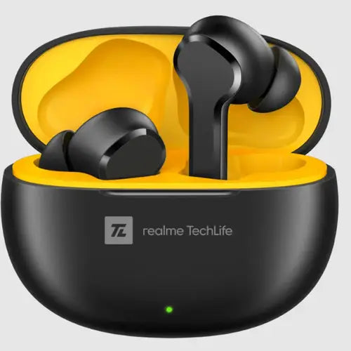 A pair of black realme T100 wireless earbuds in an open charging case.