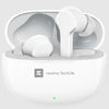 A pair of white realme T100 wireless earbuds in an open charging case.