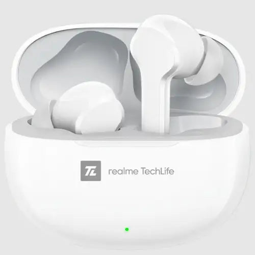 A pair of white realme T100 wireless earbuds in an open charging case.