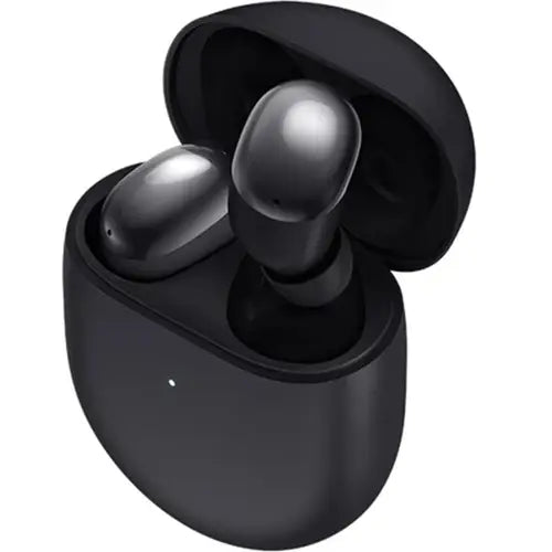 Black wireless earbuds in a charging case on a white background of Redmi buds 4