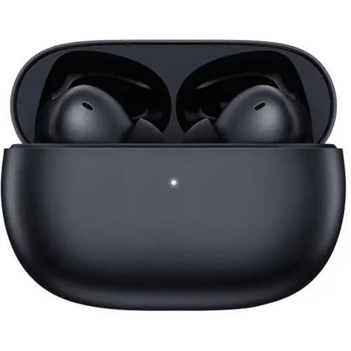 A pair of black Redmi Buds 4 Pro earphones inside their charging case.