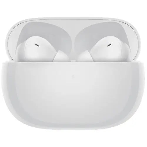 A pair of white Redmi Buds 4 Pro earphones inside their charging case.