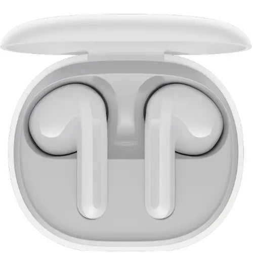 White wireless earbuds in a charging case on a white background Redmi buds 4 lite
