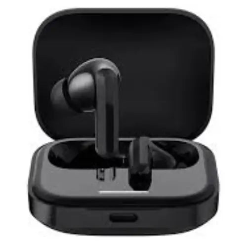 Black wireless earbuds in a charging case on a white background Redmi buds 5