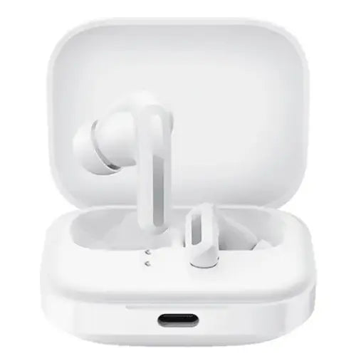 White wireless earbuds in a charging case on a white background of Redmi buds 5