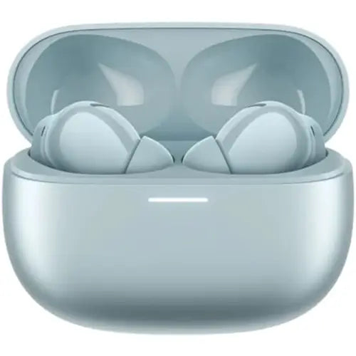 A pair of redmi buds 5 pro Earbuds earphones in blue color, inside their charging case.