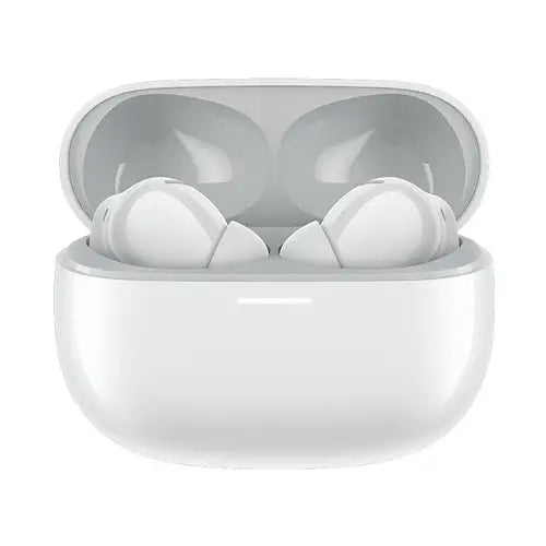 A pair of redmi buds 5 pro Earbuds earphones in white color, inside their charging case.