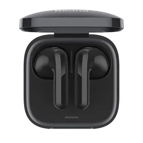A pair of black Redmi Buds 6 Active Wireless Earbuds earphones in their open charging case.