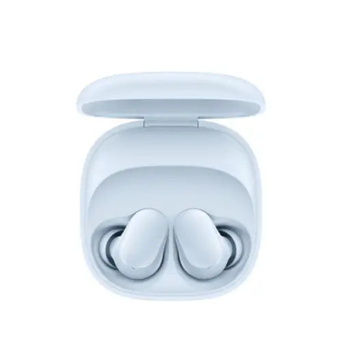 A pair of blue Redmi Buds 6 Play earphones in their charging case.