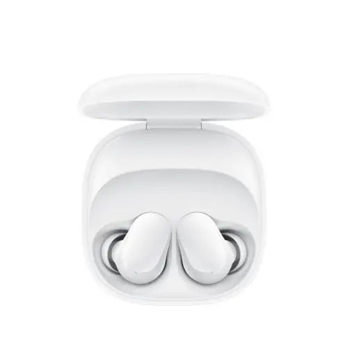 A pair of white Redmi Buds 6 Play earphones in their charging case.