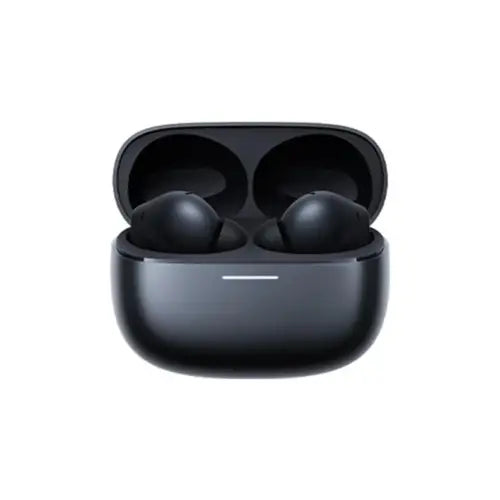 Black wireless earbuds in a charging case on a white background of redmi buds 6 pro