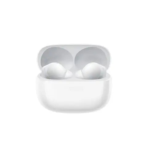 White wireless earbuds in a charging case on a white background of redmi buds 6 pro