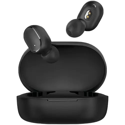 A pair of black Redmi Buds Essential earphones in their charging case.