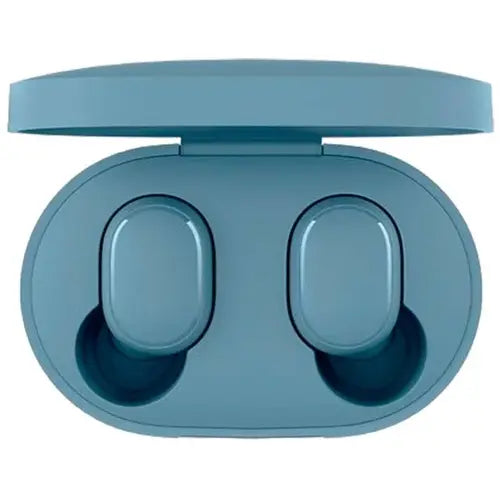 Blue wireless earbuds in a matching case on a white background