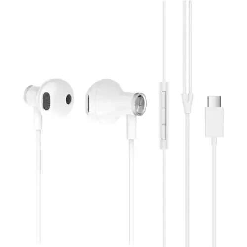 White earbuds with a remote and microphone on a white background Redmi Dual Driver Earphone Type-C