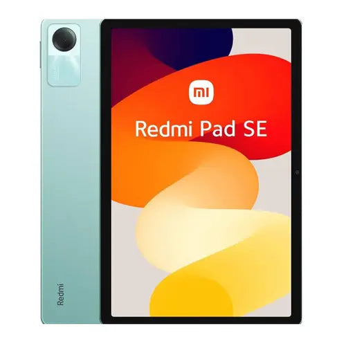 A Redmi Pad SE tablet in mint green color with a colorful abstract wallpaper on the screen.