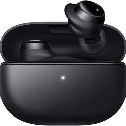 Black wireless earbuds in a charging case on a white background of Redmi True Wireless Earbuds
