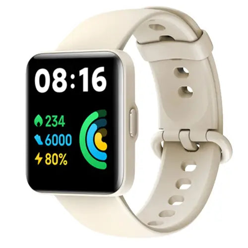 Redmi Watch 2 Lite A beige Redmi Watch 2 Lite with a white band and a digital display showing time, battery percentage, and step count.