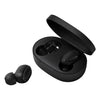 Black wireless earbuds with charging case on a white background