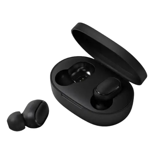 Black wireless earbuds with charging case on a white background