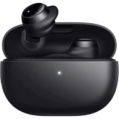 Black wireless earbuds in a charging case on a white background of Redmi Buds 3 Lite