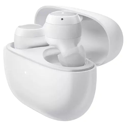 White wireless earbuds in a charging case on a white background of  Redmi Buds 3 Lite