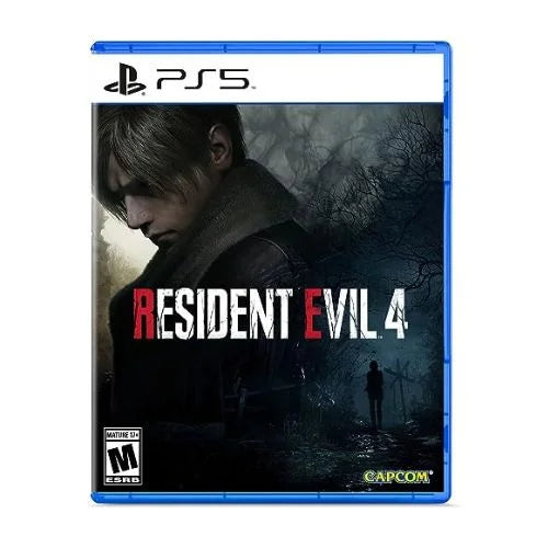 This image features the cover of the "Resident Evil 4 Remake PS5" game. The cover displays a intense and dark atmosphere, showing a man in a hooded jacket with a backdrop of a eerie, mist-shrouded landscape.