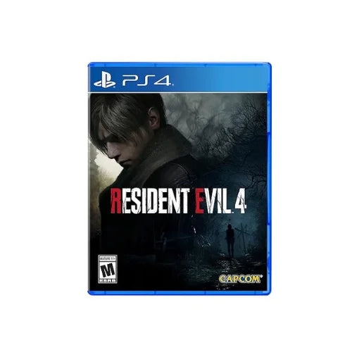 This image features "Resident Evil 4 Remake PS4." The game's cover displays a intense and dramatic scene, with a focus on a male character in a dark, eerie setting that hints at the horror genre of the game.