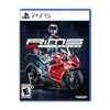 This image features the cover art for the game titled "Rims Racing PS5." The cover displays an intense motorcycle racing scene, with a vibrant graphic of a red and white motorcycle and its rider in a crouched position, highlighting the game’s speed and action.