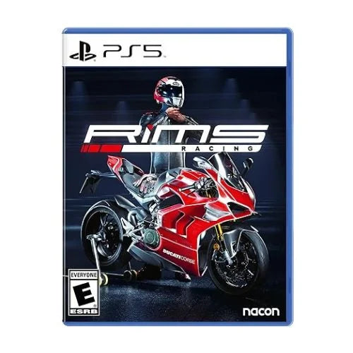 This image features the cover art for the game titled "Rims Racing PS5." The cover displays an intense motorcycle racing scene, with a vibrant graphic of a red and white motorcycle and its rider in a crouched position, highlighting the game’s speed and action.