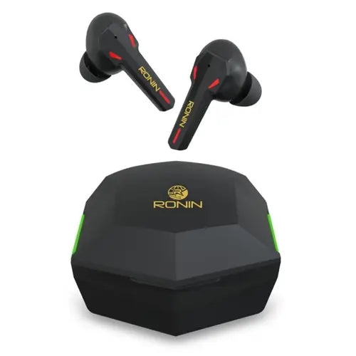 A pair of black Ronin Gamers Earpods (R-860) with red detailing, displayed above their black charging case, which has the Ronin logo in gold.