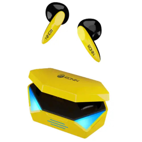 A pair of yellow and black Ronin Gaming Battle Pods (R-490) with a charging case, the earphones are wireless and the case has a blue light indicator.