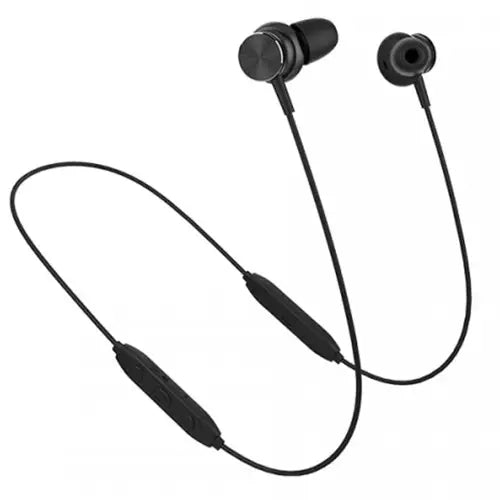 A pair of black Ronin Magnetic Wireless Bluetooth Handsfree (R870) Bluetooth in-ear headphones with a neckband design and an inline remote control.