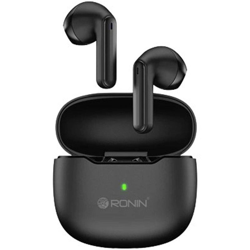 A pair of black Ronin R-175 Wireless Earbuds earbuds in their charging case.