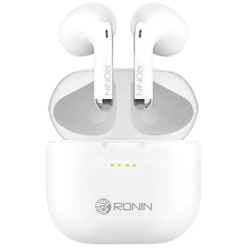 A pair of white Ronin R-275 Beat Wave Wireless Earbuds in an open charging case.