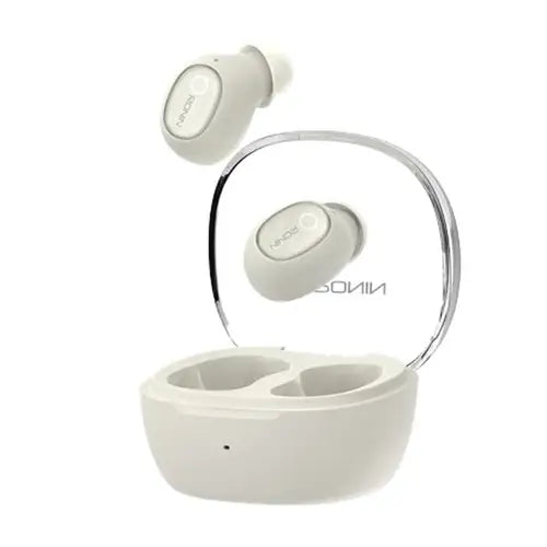 A pair of white Ronin R-390 wireless earbuds inside their charging case.